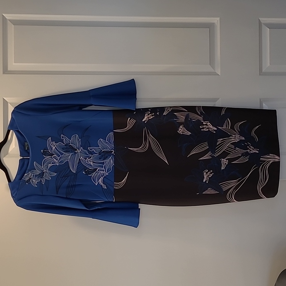 Gabby Skye Blue Black and Cream Lilies and Leaf Design Long Midi Dress size 12